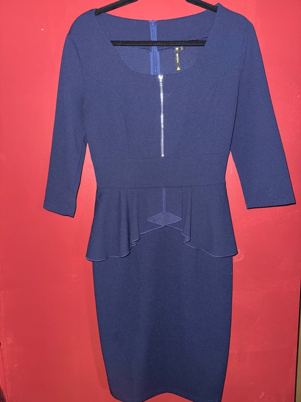 Navy Peplum Sheath Dress with Front Zip